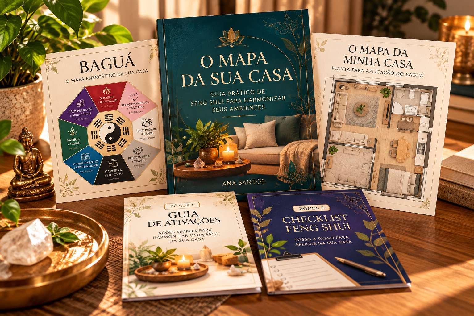 Materiais que acompanham O Mapa da Sua Casa: guia principal, mapa Baguá, planta para aplicação do Baguá, Guia de Ativações e Checklist Feng Shui sobre uma mesa de madeira