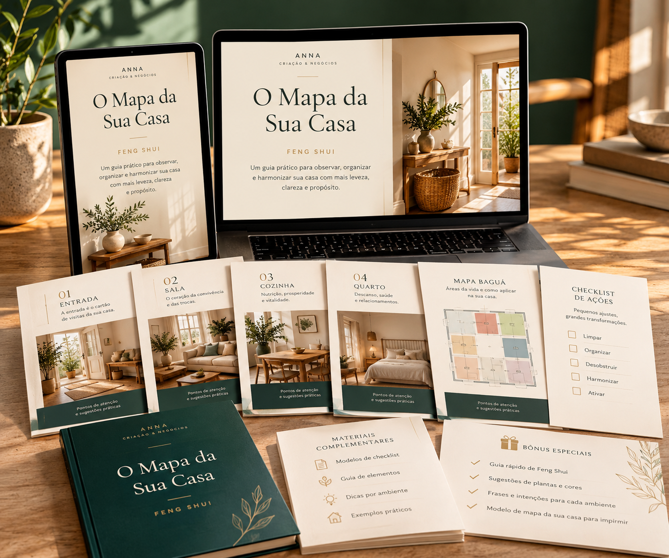Mockup do produto O Mapa da Sua Casa: notebook, tablet, livro e cards dos ambientes sobre uma mesa de madeira